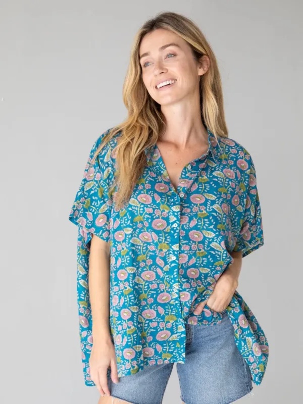 Natural Life Kelly Oversized Cotton Button Down Blue Floral Vines One Size boxy